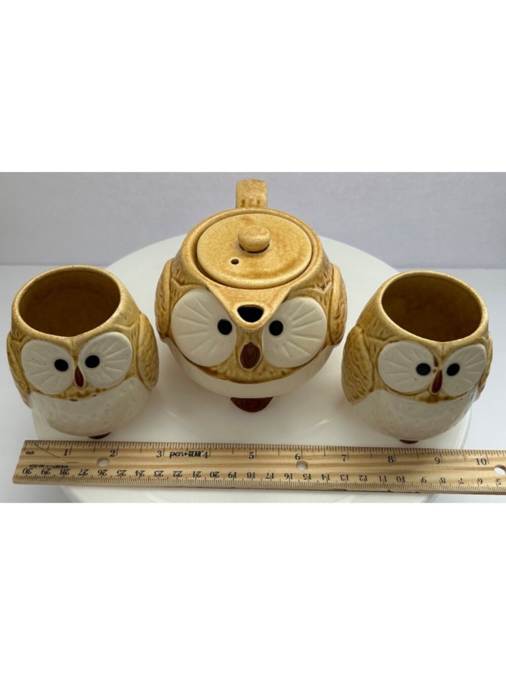 Vintage Mino Kotobuki Owl Ceramic Teapot w/ Diffuser 2 Matching Cups Tan & White - Picture 7 of 10